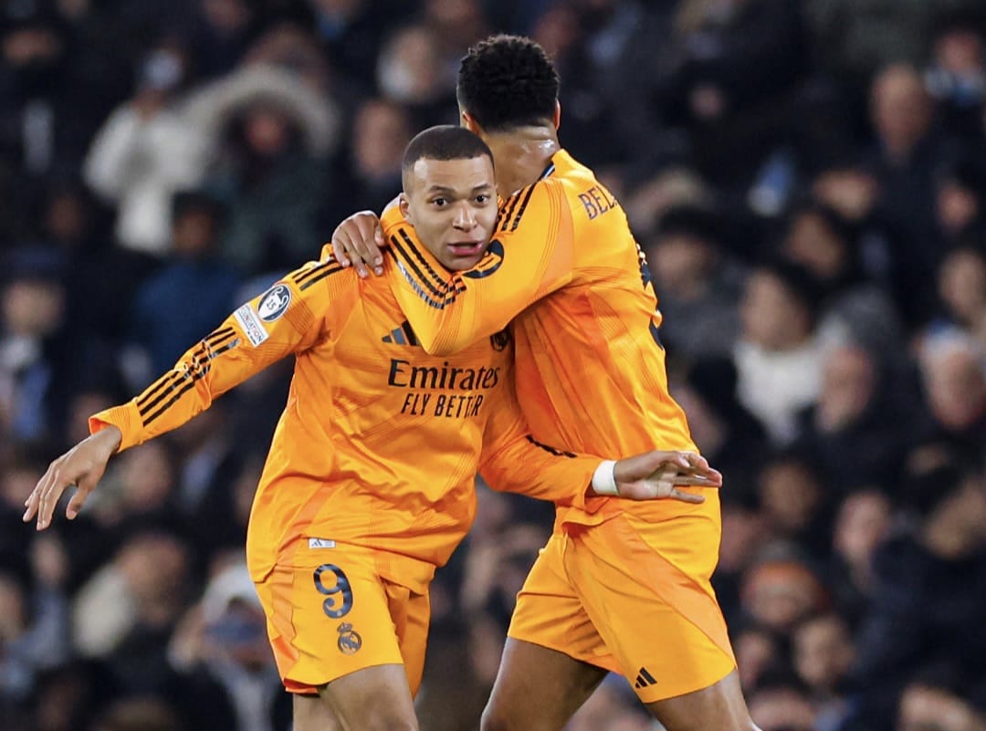 Selebrasi Kylian Mbappe saat cetak gol ke gawang Manchester City (poto: @Real Madrid C.F)